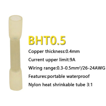 10/50/100/200PCS Heat Shrink Butt Connectors – AWG 24-10 (0.3-6.0mm²) Waterproof Insulated Wire Crimp Terminals for Automotive Cables