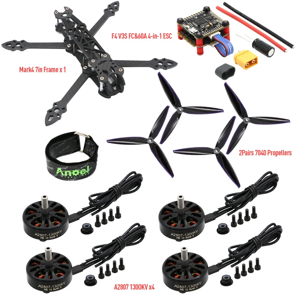Mark4 7-Inch 295mm FPV Drone Kit – RC Frame with F4 V3S PLUS Stack, BLS 60A ESC, A2807 1300KV Brushless Motor, and 7040 Propellers