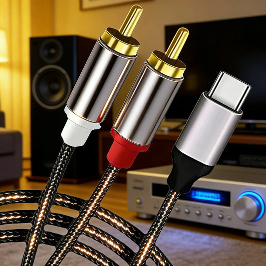 3.5mm to 2 RCA Audio Cable – Type-C & Jack AUX Splitter Adapter for TV Box, Apple TV, Speakers, Stereo Sound Connection Cord
