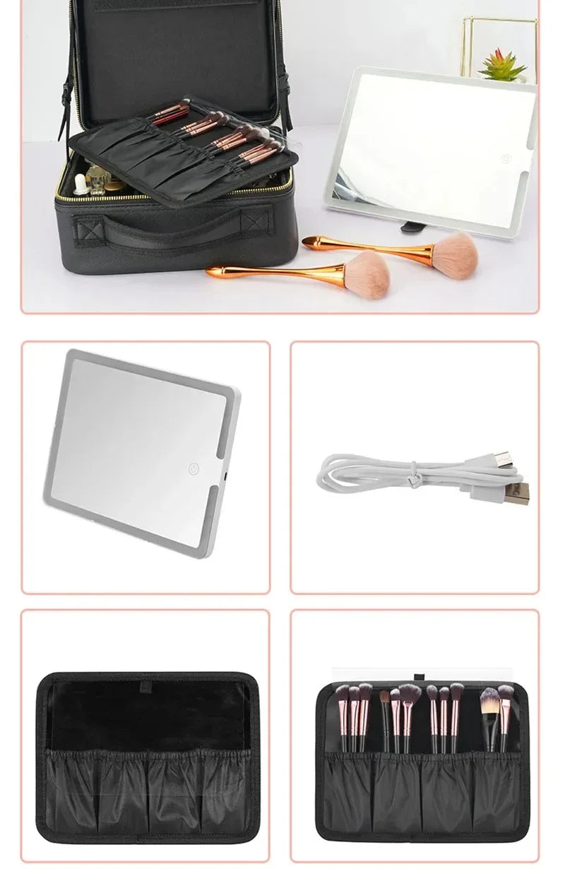 Smart LED Cosmetic Case with Mirror, Large Capacity Travel Makeup Bag for Women, Skincare & Beauty Organizer