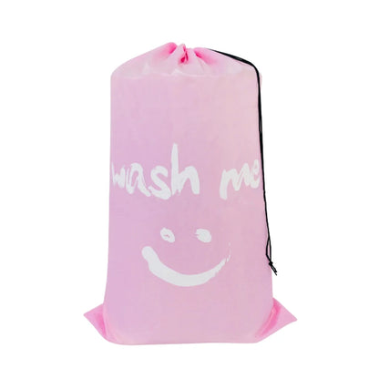 Smile-Shaped Nylon Laundry Bag - Machine Washable Travel Storage Pouch for Dirty Clothes, Wash Me Organizer Drawstring Bag