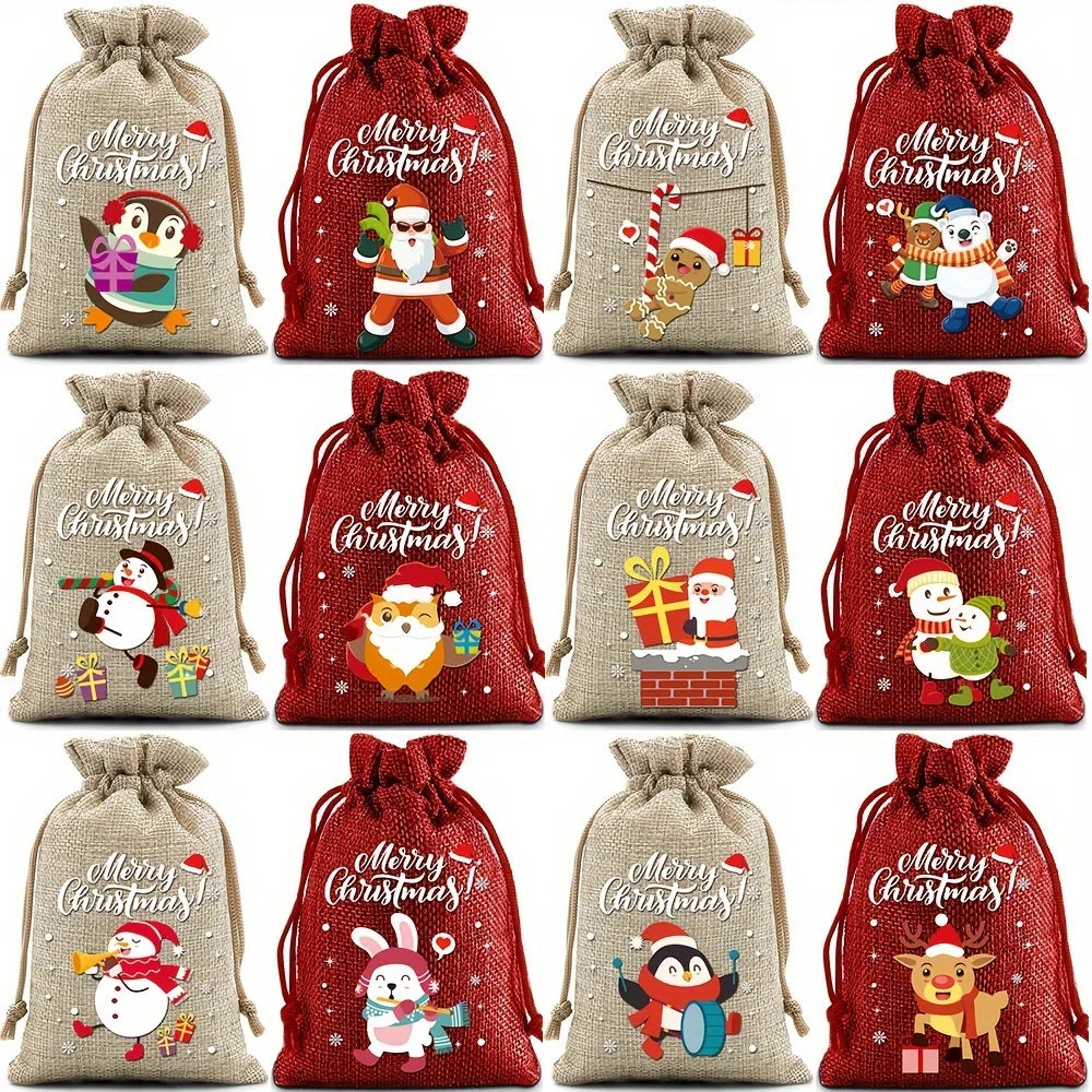 12PCS Christmas Drawstring Gift Bags – Linen Fabric Bags for Advent Calendar, Cookies & Candy Pouches