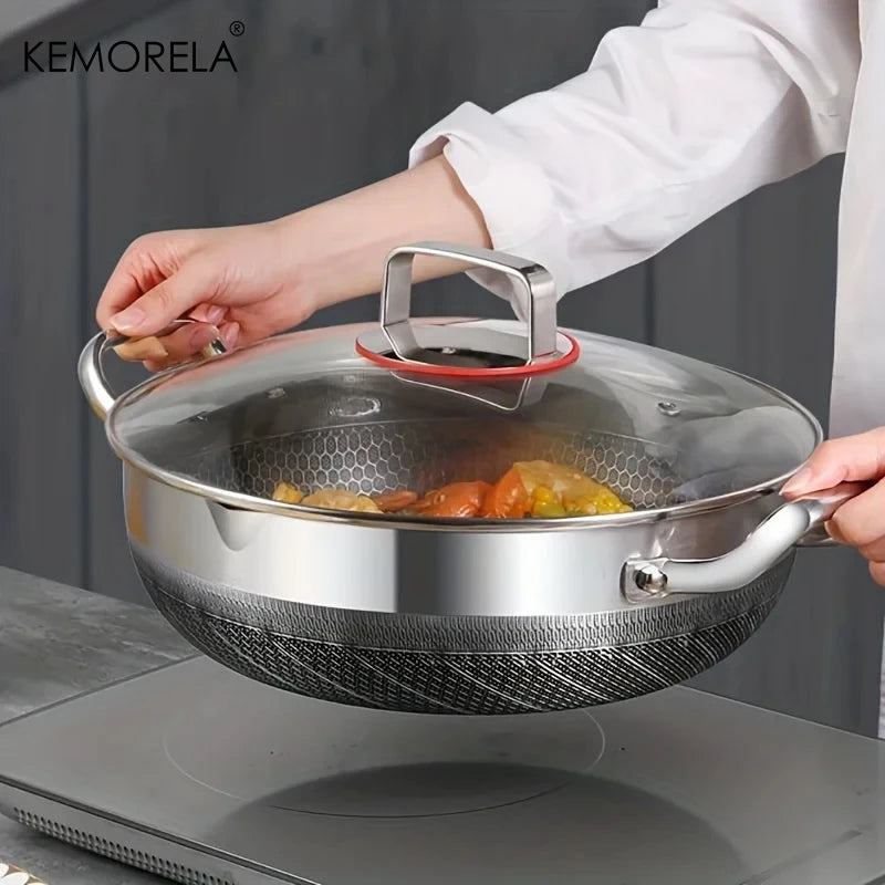 Stainless Steel Frying & Soup Pot Combo - Non-Stick Honeycomb Bottom with Lid, Suitable for Induction & Gas Stoves, Available in 26cm, 28cm, 30cm