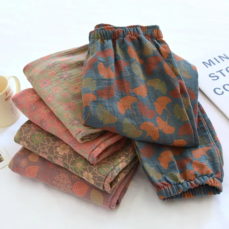 2025 Spring Summer Women's Pajama Pants – 100% Cotton Crepe Loose Fit Leaf Print Home Wear Bottoms