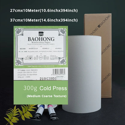 BAOHONG 300g Watercolor Paper Roll – 100% Cotton Natural White Cold Press Rough Professional Art Paper 27/37cm × 10m