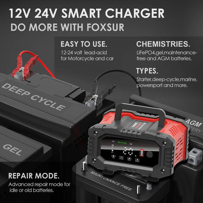12V/24V Fully Automatic Smart Battery Charger — 7-Segment Pulse Repair for AGM, GEL, WET Lead-Acid Car Batteries