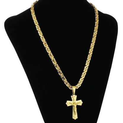 Diyalo Stainless Steel Jesus Cross Necklace for Men – Byzantine Chain Crucifix Pendant Religious Jewelry, Christian Fashion Gift Accessory