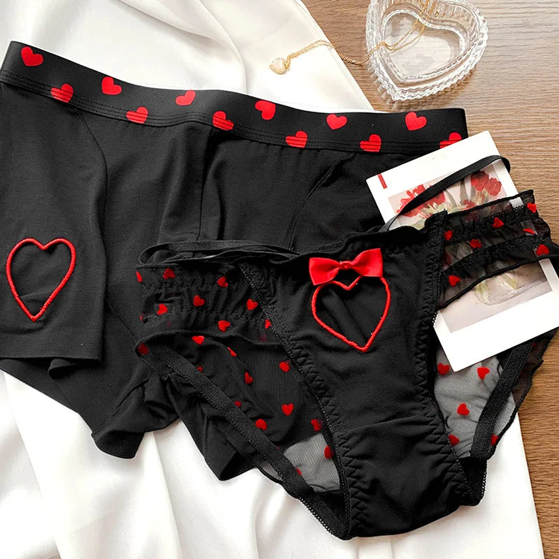 Heart Printed Couple Underwear - Sexy Low Waist Briefs for Women & Men, Breathable Boxer Panties, Boyfriend Girlfriend Lingerie