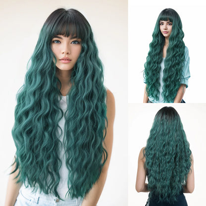 Light Green Long Wavy Synthetic Wig with Bangs – Blackish Green Cosplay & Lolita Style, Heat-Resistant for Women
