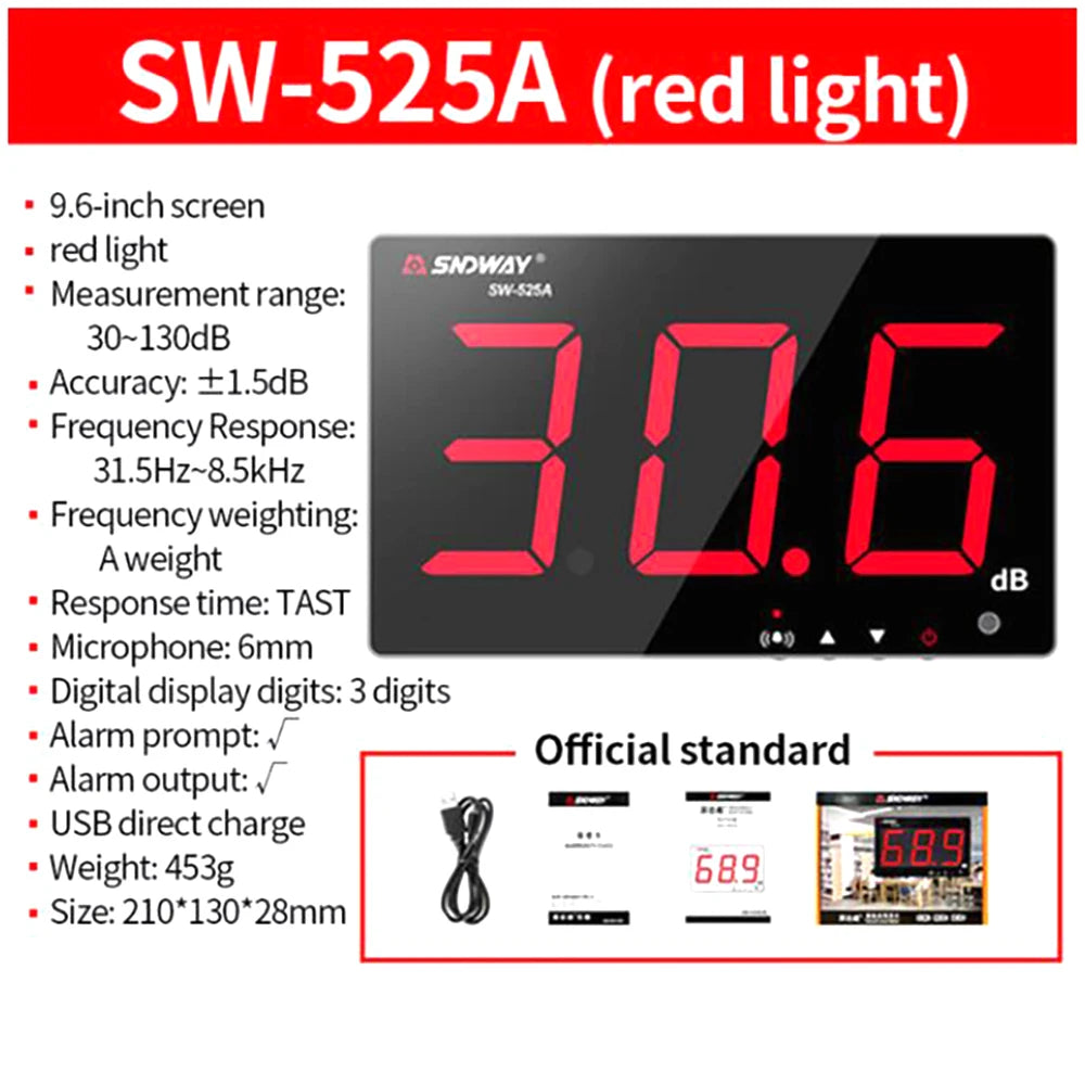 SNDWAY SW-525 Sound Level Meter — Wall-Mounted Digital Noise & Decibel Detector 30-130dB Professional dB Meter