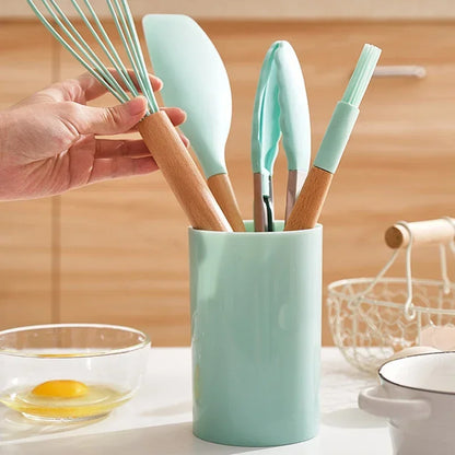 12PCS Silicone Kitchen Utensils Set - Food Grade Cookware with Turner, Spatula, Measuring Spoon, Practical Cooking Tools