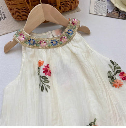 Summer Girls Bohemian Halter Neck Dress – Floral Embroidered Sleeveless Mesh Layered Dress