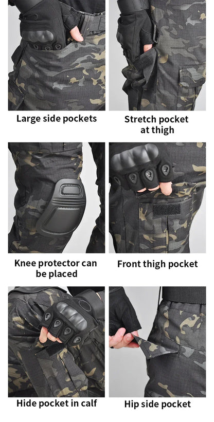 Men’s Camo Tactical Uniform Set | Ripstop Airsoft Suit with Multi-Pocket Pants & Training Shirt for Hunting or Paintball