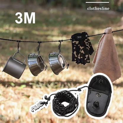 3M Outdoor Camping Retractable Clothesline — Laundry Drying Rope with 12 Bead Clips for Hanging Clothes