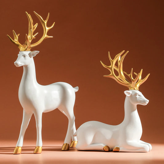 White Reindeer Figurine – Solid Resin Elk Statue for Living Room & Christmas Tabletop Decor