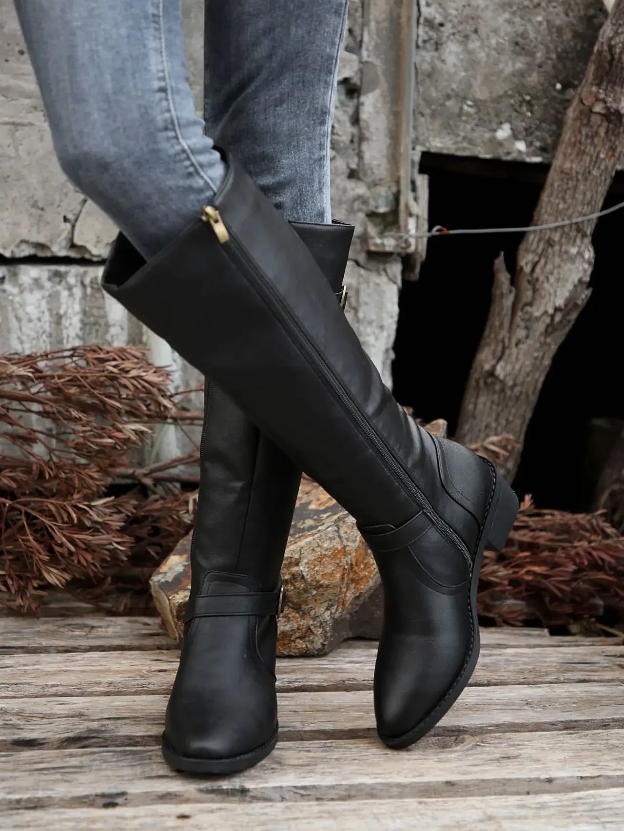 Women’s Winter High-Top Knight Boots – Side Zipper & Belt Buckle, Pointed Toe, PU Material with Cotton Lining