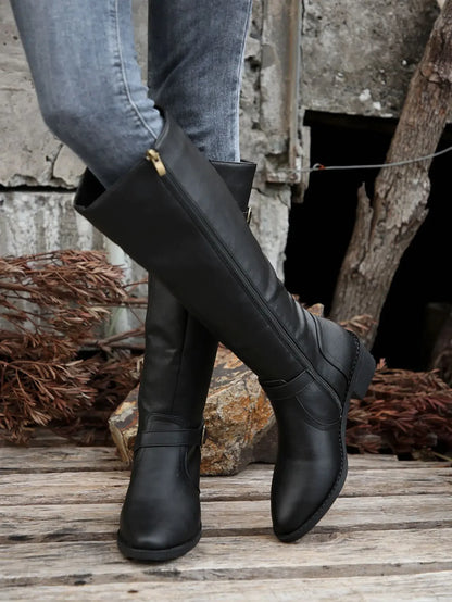 Women’s Winter High-Top Knight Boots – Side Zipper & Belt Buckle, Pointed Toe, PU Material with Cotton Lining