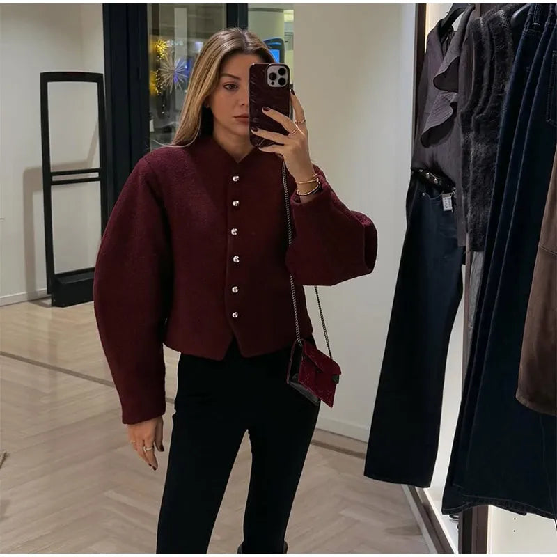 2025 Women's Burgundy Red O-Neck Woolen Coat – Casual Single-Breasted, Long Sleeve Short Jacket for Spring