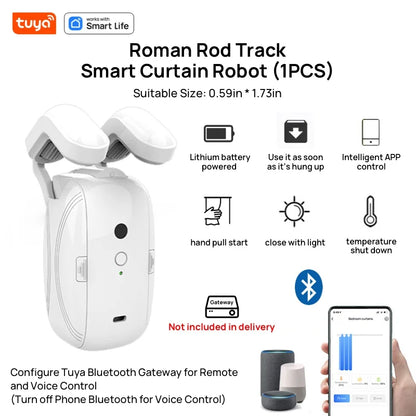 Tuya Smart Curtain Robot – Roman Rod Track with APP Control, Single/Double, Compatible with Tuya Gateway for Remote Control
