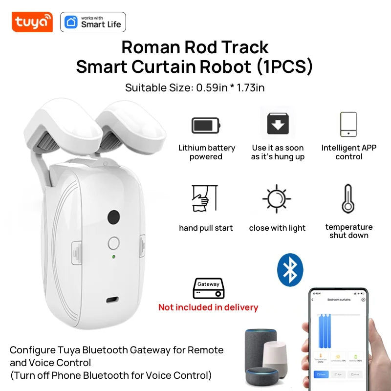 Tuya Smart Curtain Robot Motor — Roman Rod Track, App & Remote Remote Control, Single/Double, Works with Tuya Gateway