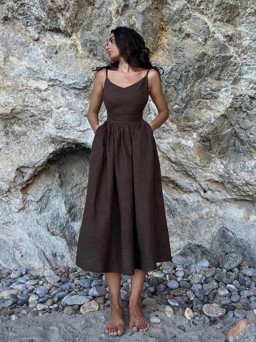 Bornladies Women’s Summer Beach A-Line Sling Dress – Vintage Loose V-Neck 100% Cotton Casual Sexy Hot Girl Style