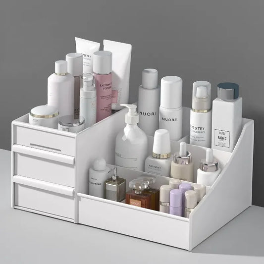 White New Drawer Makeup Storage Box – Plastic Dormitory & Desktop Organizer for Cosmetics & Skin Care – Dressing Table Storage Solution
