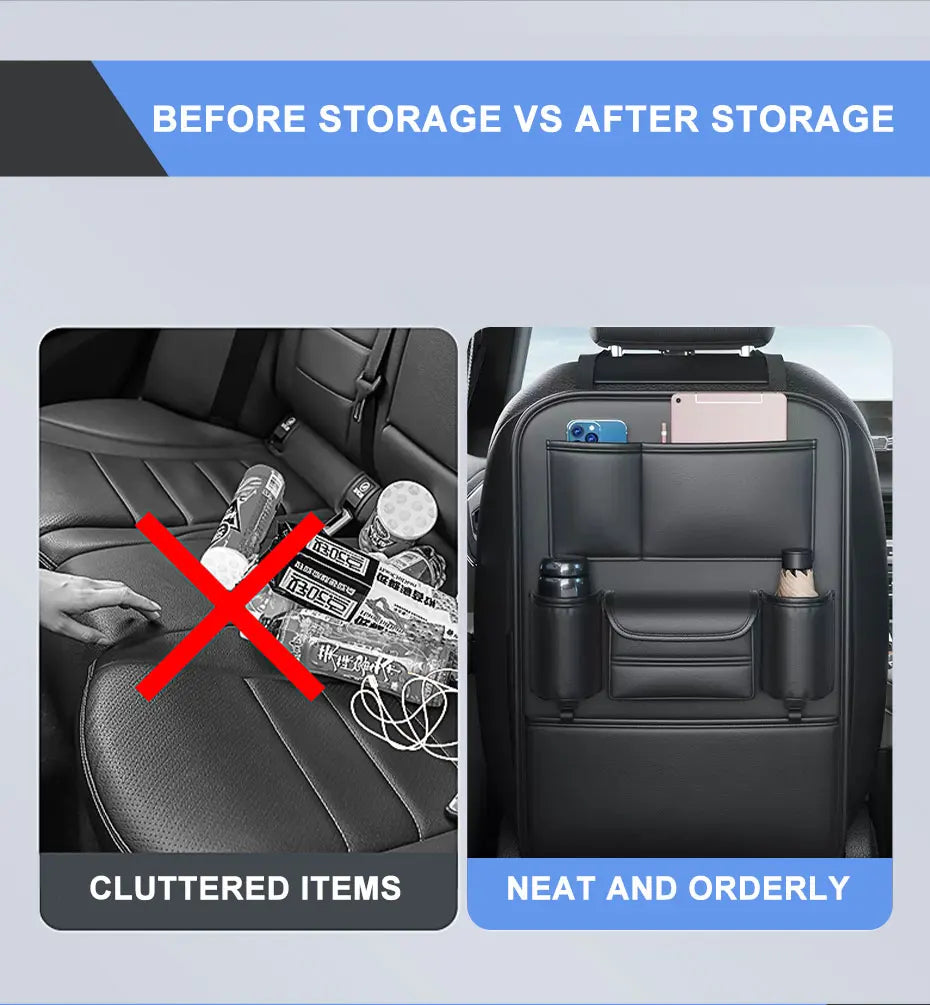 All-in-One Car Seat Back Storage Bag – Upgraded 6 Pocket Organizer with Hook, Tissue Holder, Anti-Kick Pad & Cup Holder
