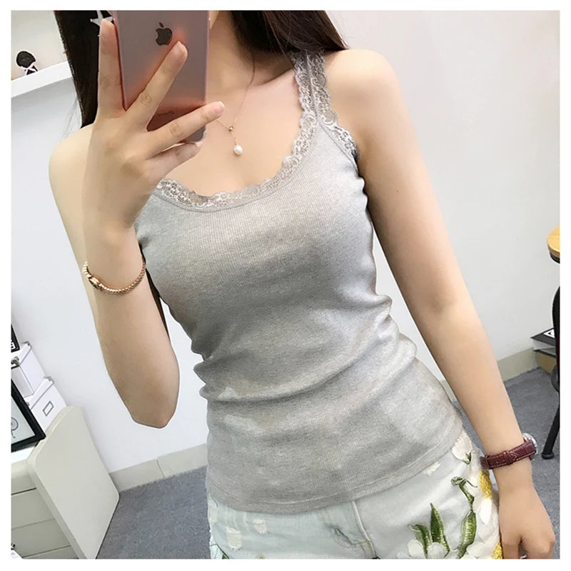 Women’s Summer Bodycon Sleeveless Tank Top – Sexy Lace Patchwork Slim Fit Camisole Vest Casual Fashion Tee Top
