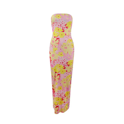 Women’s Floral Strapless Maxi Dress - High Waist Slim Fit Summer Vacation & Evening Party Dress