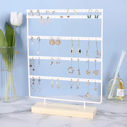 5-Tier Earring Display Stand - 100 Holes Metal Jewelry Organizer with Wooden Base Storage Rack