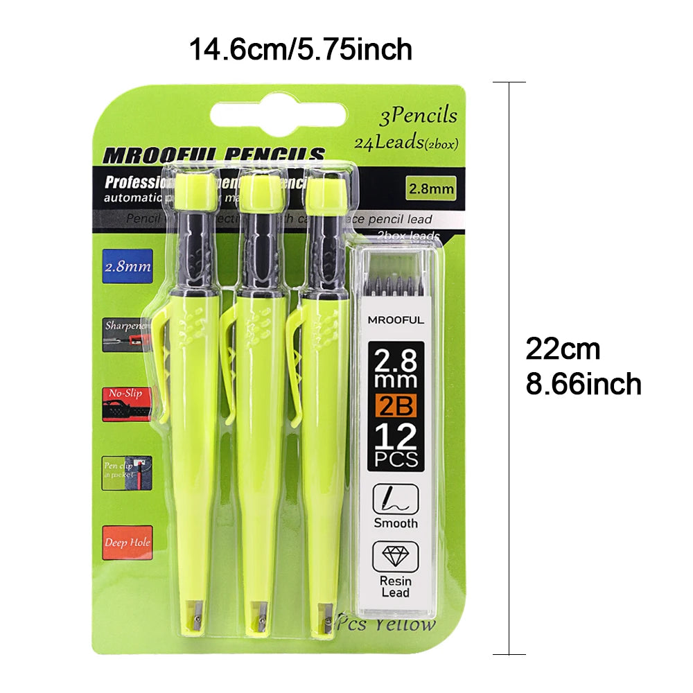 Carpenter’s Pencil Set with 2.8mm Leads - Deep-Hole Marking Pencil & Sharpener for Woodworking and Construction