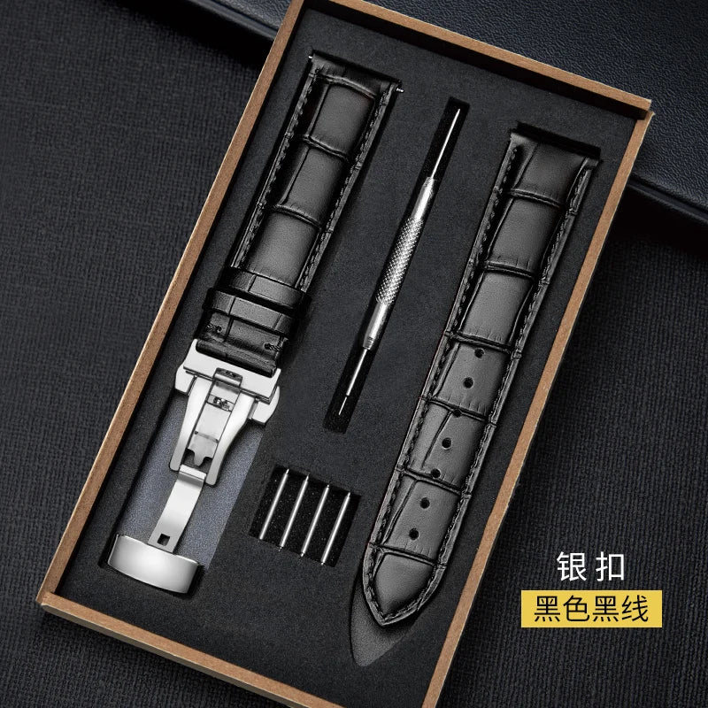 Genuine Leather Watch Strap with Wooden Box – Butterfly Clasp Bracelet 18-24mm Wristband