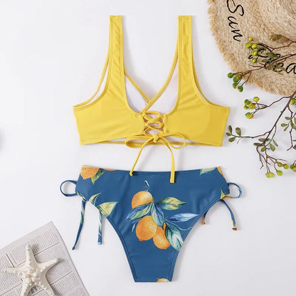 Vintage Printed Bikini Set – Women’s Cross Pleated Backless Lace-Up Push-Up Two-Piece Swimwear 2025 Beach Bathing Suit