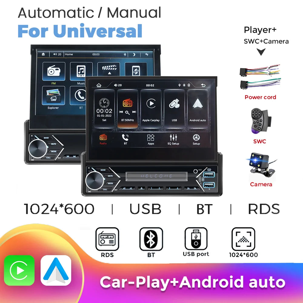Carplay Android Auto 1 Din MP5 Player - 7 Inch Retractable Touch Screen, FM Radio, Mirror Link, Manual & Automatic Car Player