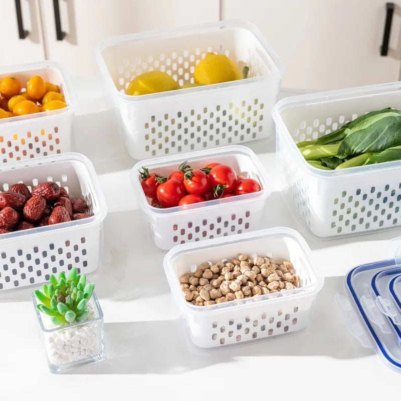 Refrigerator Preservation Storage Box - Drain Basket Containers Sealed Box for Vegetable and Fruit, Food Grade Drain Box