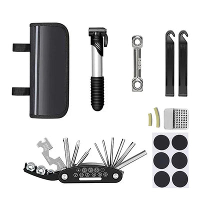 Multifunctional Bicycle Repair Kit – Pump, Tire Patch, Lever & Tools for Road Bike Maintenance