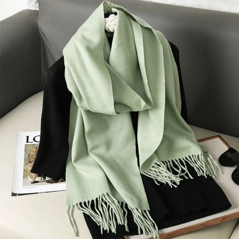 62-Color Solid Women’s Winter Scarf — Thick Warm Cashmere Pashmina Shawl with Tassels, Outdoor Luxury Wrap, Windproof Fashion Scarf
