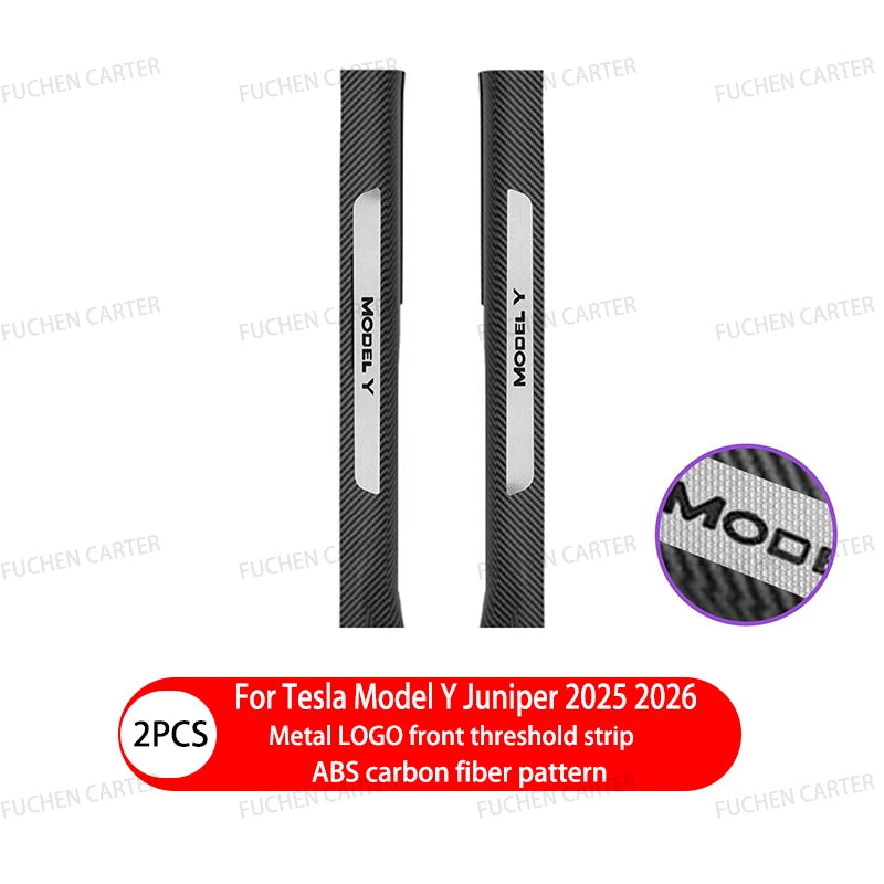 Tesla Model Y Juniper 2025–2026 Metal Logo Door Sill Protectors – Front and Rear Anti-Kick Threshold Guard Strips