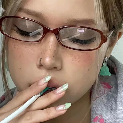 2024 Girls Y2K Retro Oval Glasses - Red & Green Frame, Anti-Blue Light Eyewear for Computer & Seaside Driving