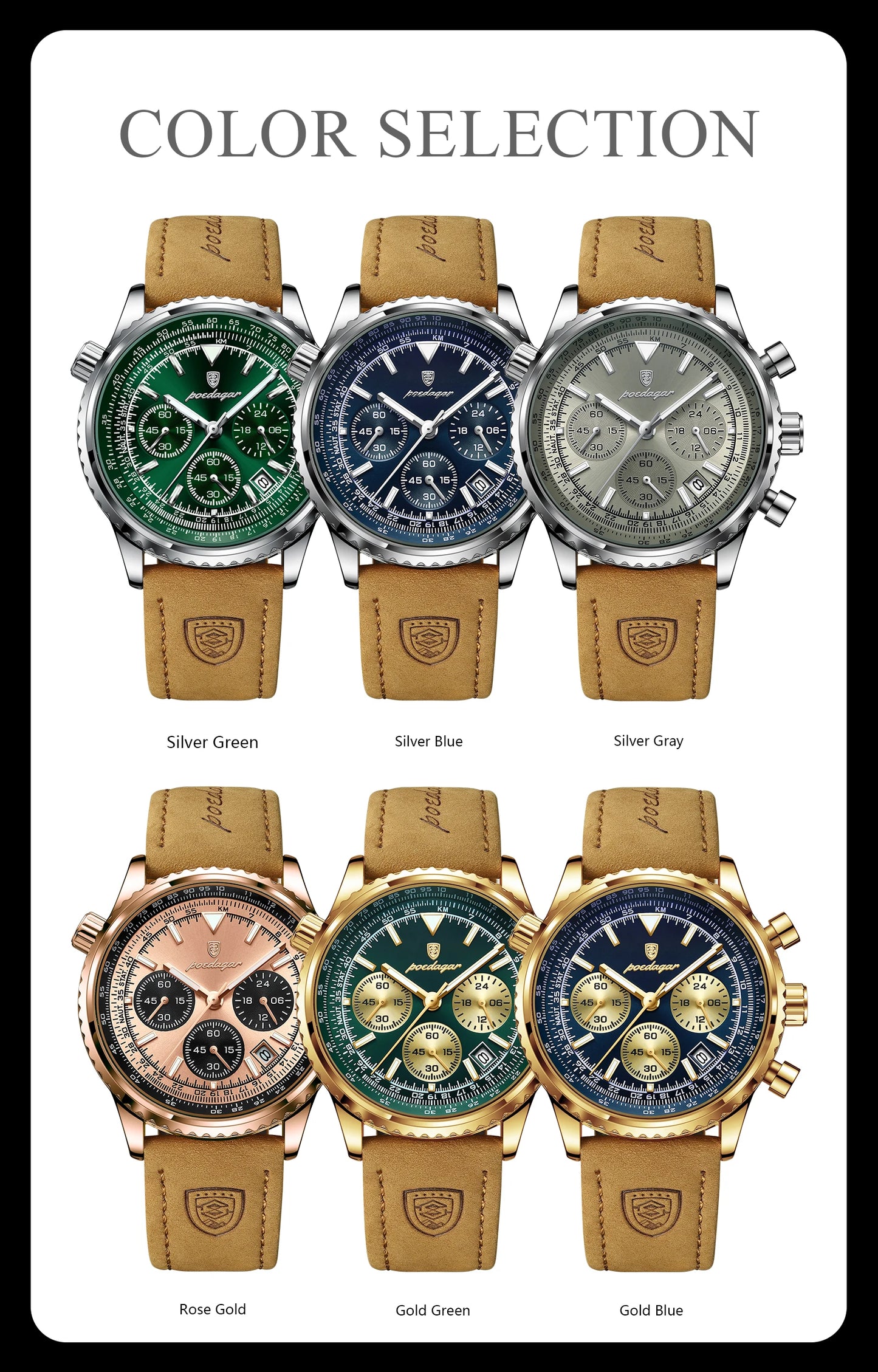 POEDAGAR Luxury Men's Quartz Watch Waterproof Luminous Date Chronograph Leather Military Sports Wristwatch