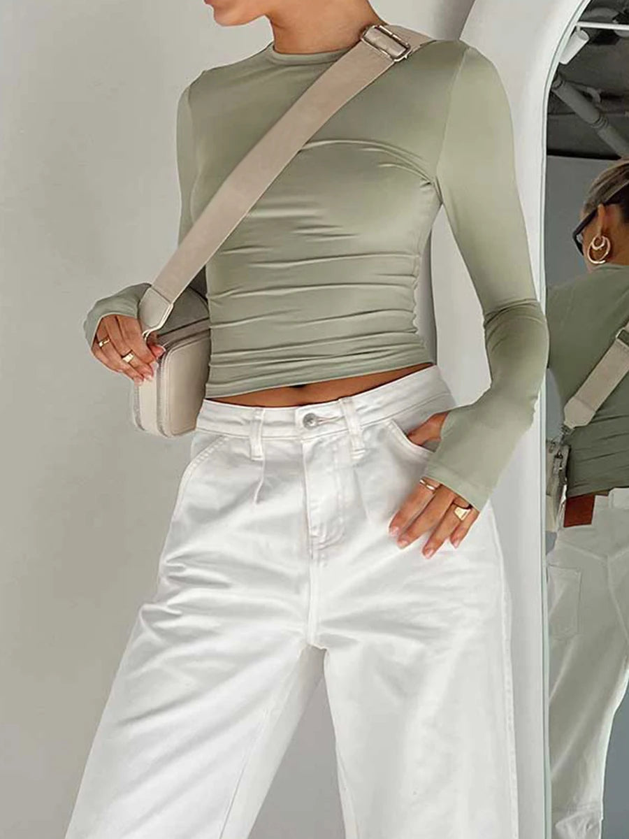Stylish Women's Long Sleeve Crew Neck Crop Top | Solid Slim Fit T-shirt with Thumb Holes | Perfect for Daily Streetwear & Summer Camis