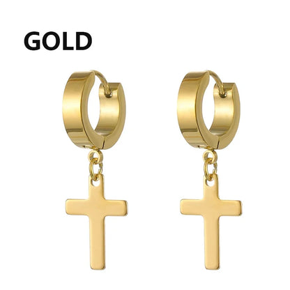 Stainless Steel Cross Star Dangle Earrings - Punk Gothic Hoop Huggie Jewelry for Men & Women