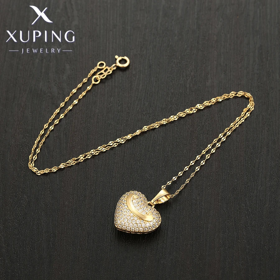 Xuping Heart Pendant Necklace - Light Gold-Tone Jewelry with Random Chain for Women and Girls, Elegant Gift X001039955