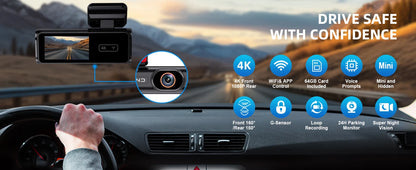 Aprilboy K6 4K WIFI Dash Cam - Front & Rear Dual Lens, 1080P Night Vision, Parking Monitor, Mini Car DVR