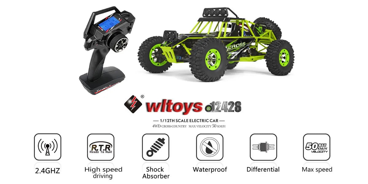 WLtoys 12428 1:12 RC Racing Car — 4WD High-Speed Off-Road Remote Control Buggy with LED Light, Alloy Climbing Truck, Boys & Kids Gift