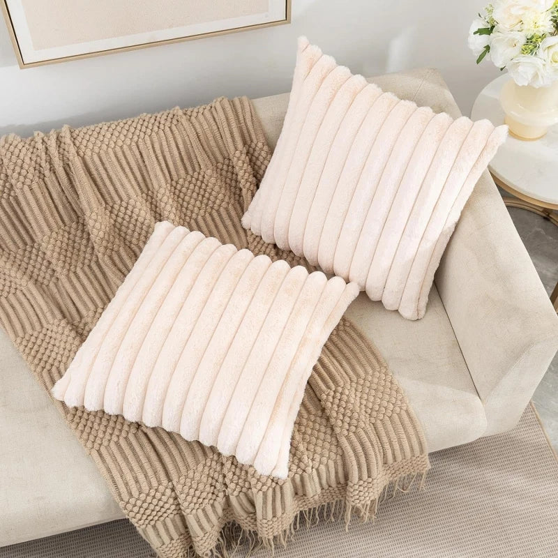 Faux Rabbit Fur Square Cushion Cover – Thick Striped Super Soft Solid Color Pillow, 45x45cm Sofa Decor