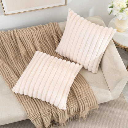 Faux Rabbit Fur Square Cushion Cover – Thick Striped Super Soft Solid Color Pillow, 45x45cm Sofa Decor