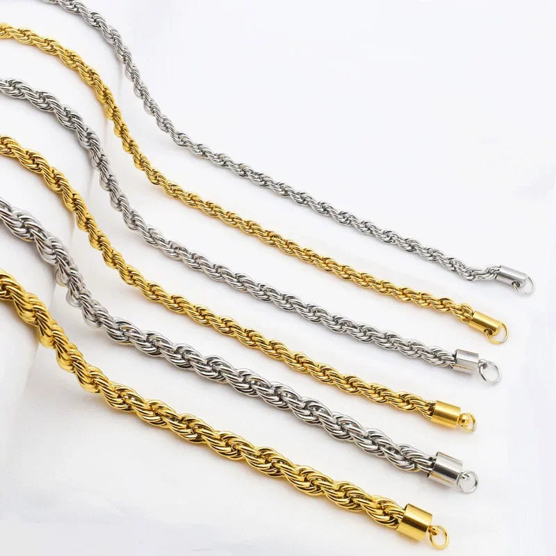 304 Stainless Steel Twist Rope Chain Necklace – PVD Gold Plated, 2-5mm Width for Men & Women, Fashion Accessories