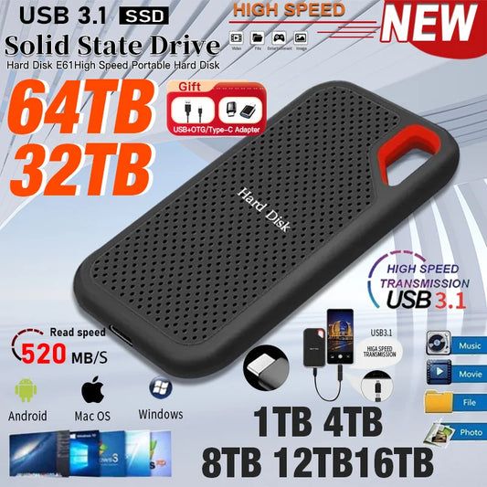 High-Speed Portable SSD - 128TB/256TB External Hard Drive with USB 3.1 Type-C Interface for Laptop Storage
