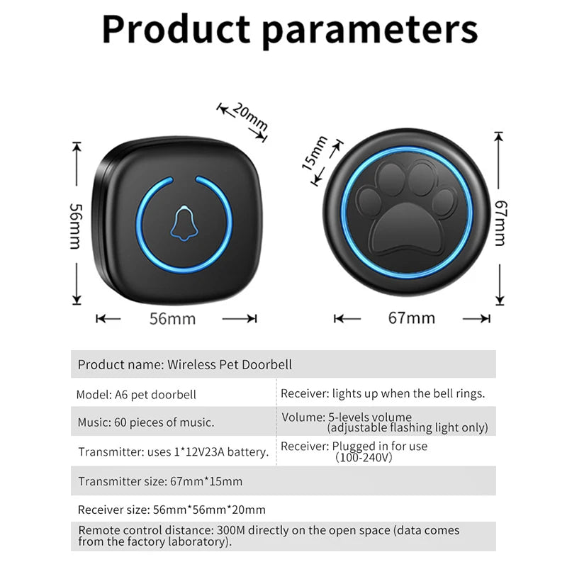 Pet Touch Ringer Bell – 300M/984ft Range, 60 High-Volume Tunes for Cat & Dog Training, Smart Home Doorbell US/EU